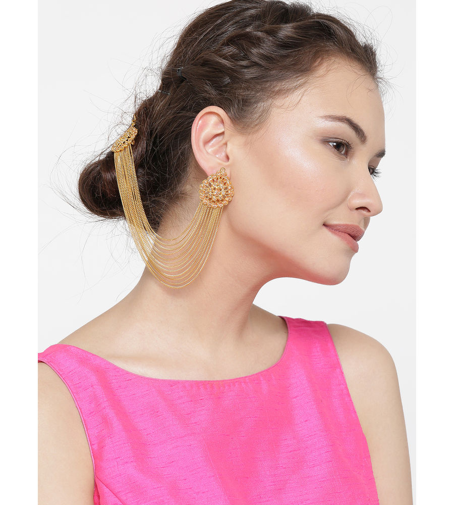 YouBella Gold-Toned Teardrop Shaped Studs with Ear Chains